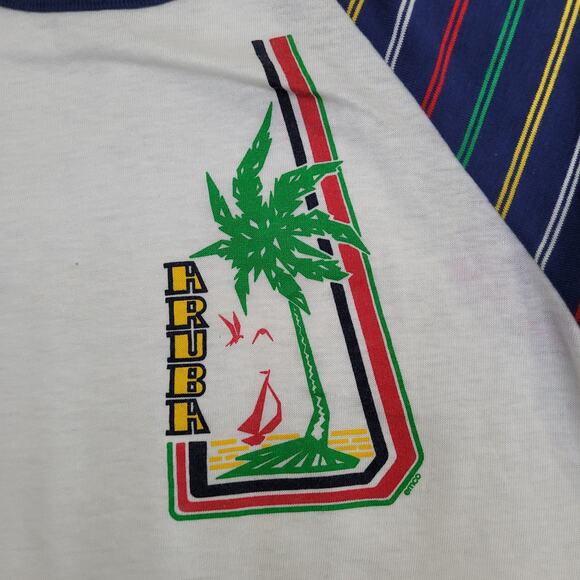 Vintage 90s Aruba Raglan Shirt S/M 19x23 Cropped Tropical USA - Picture 10 of 13